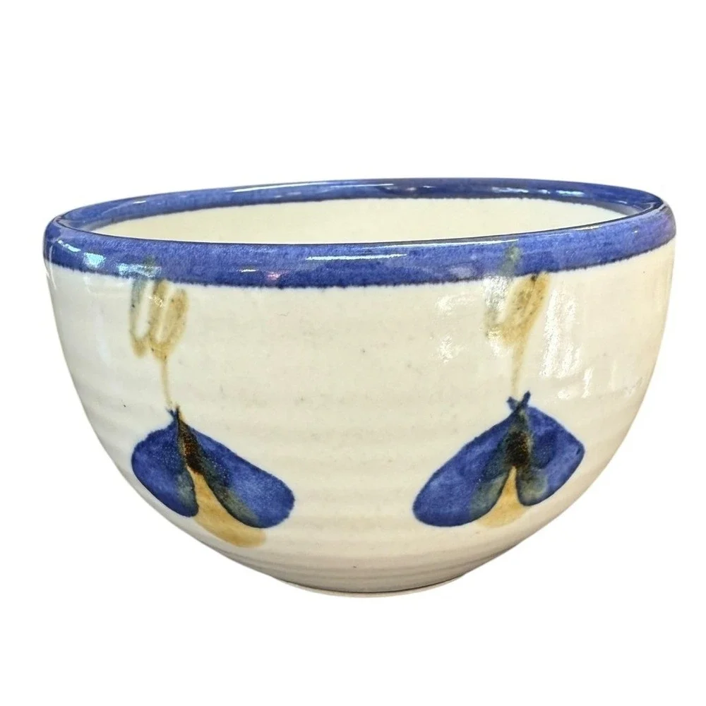 Hand Painted Studio Pottery Speckled Ceramic Bowl Blue White Butterfly Motif‎
